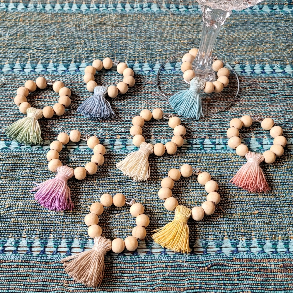 Wine Glass Charms Handmade with Wood Beads and Tassels Made in Canada